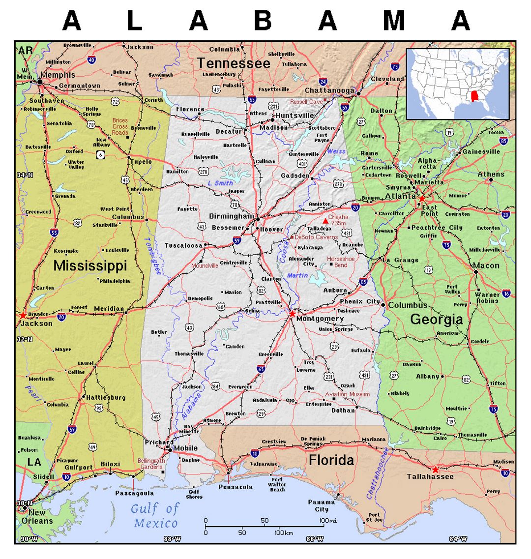 Detailed map of Alabama state with relief
