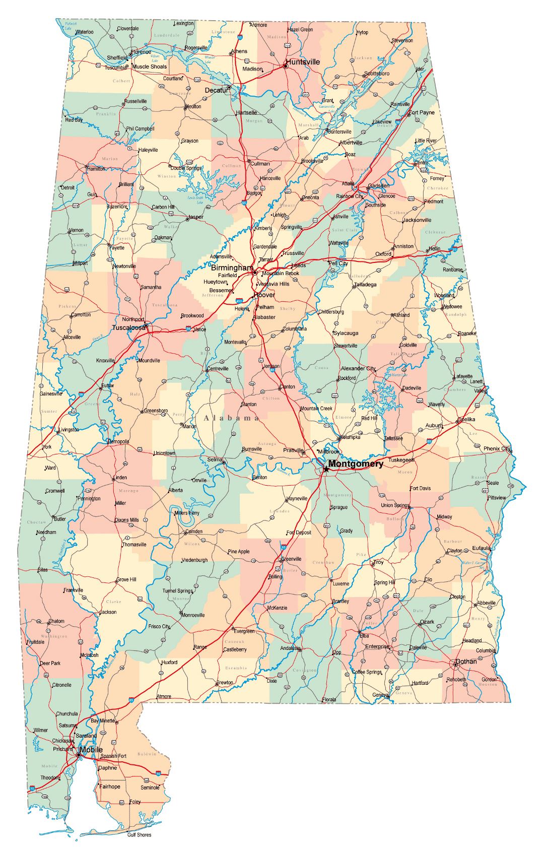 Large administrative map of Alabama state with roads, highways and cities