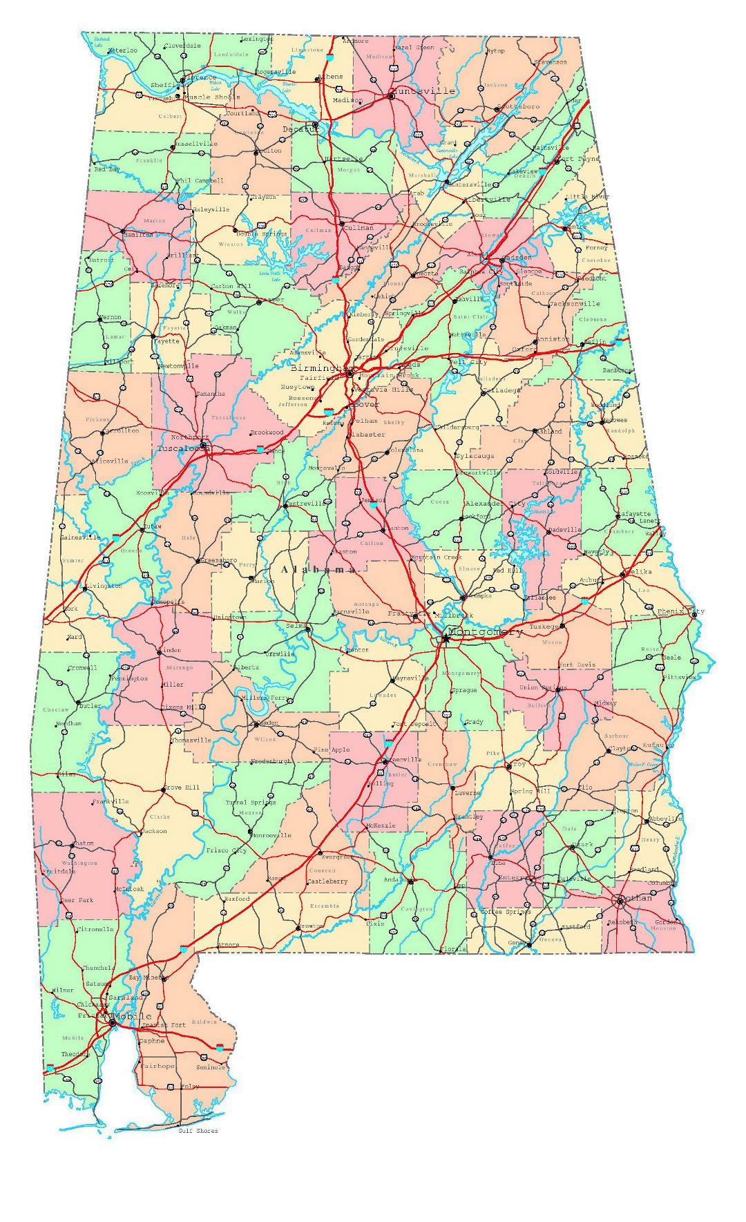 Large detailed administrative map of Alabama state with roads, highways and cities