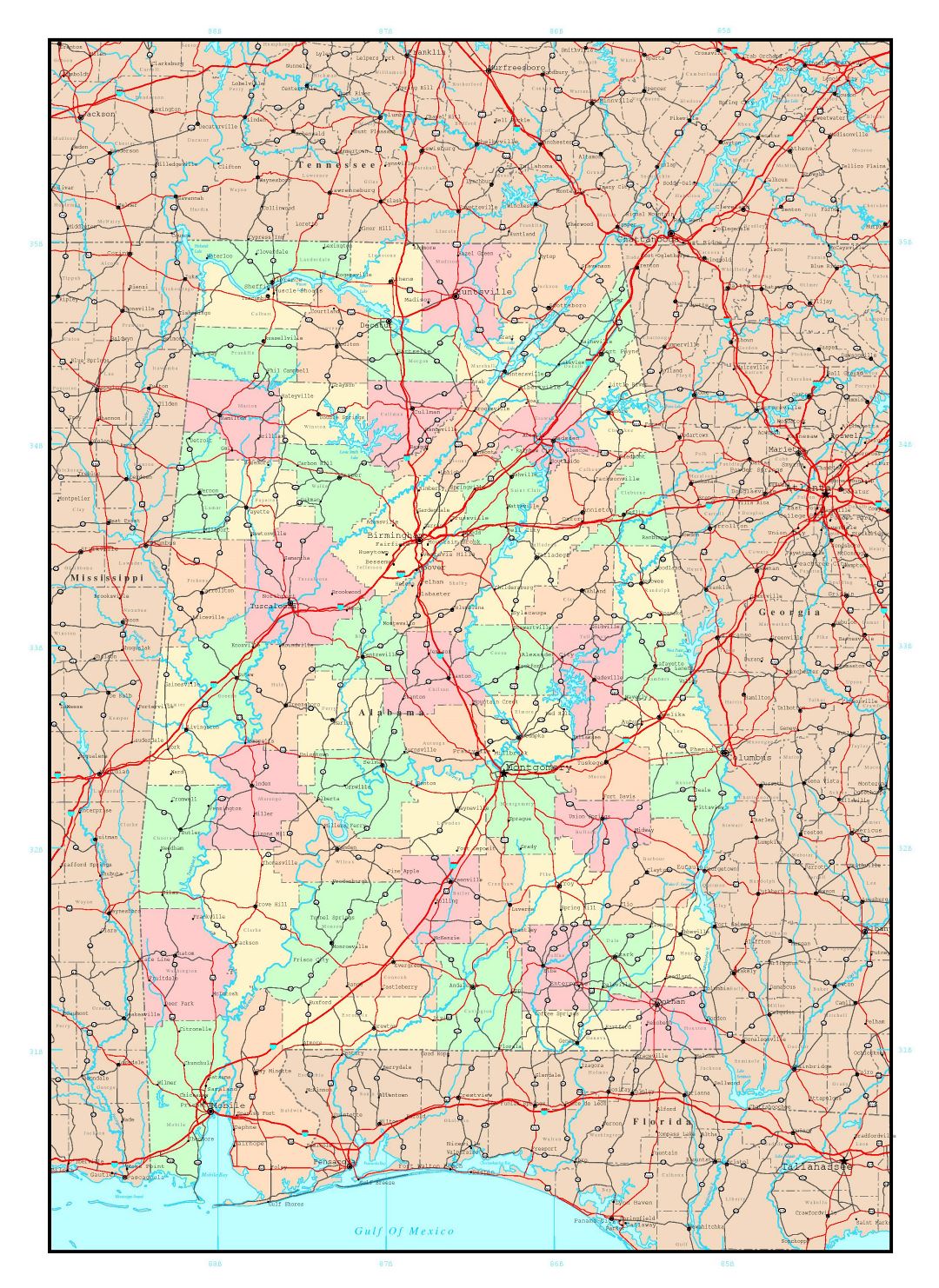 Large detailed administrative map of Alabama state with roads, highways and major cities