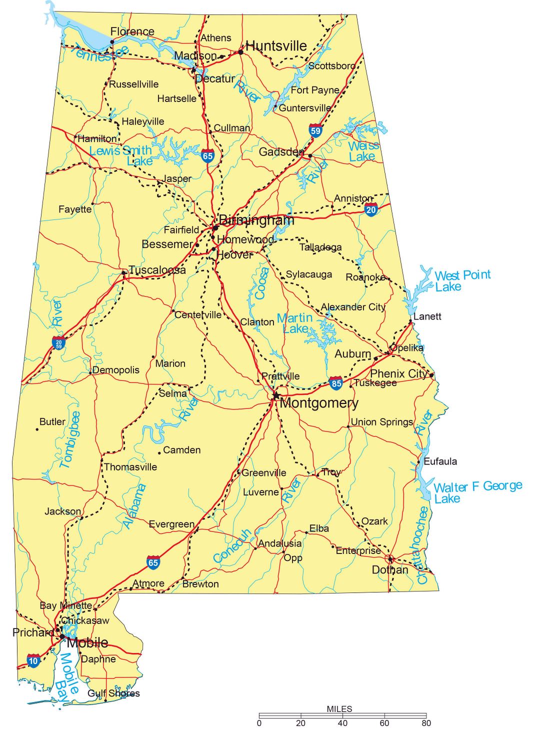 Large detailed highways map of Alabama with major cities