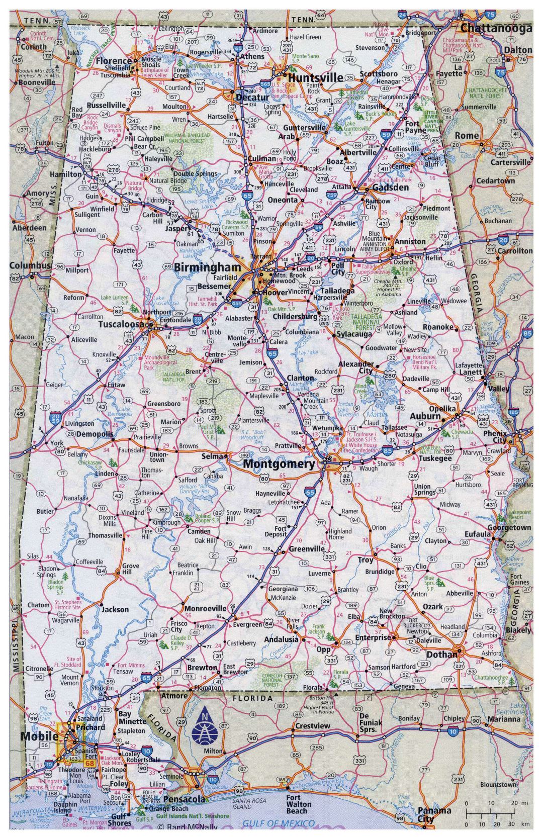 Large detailed roads and highways map of Alabama state with all cities