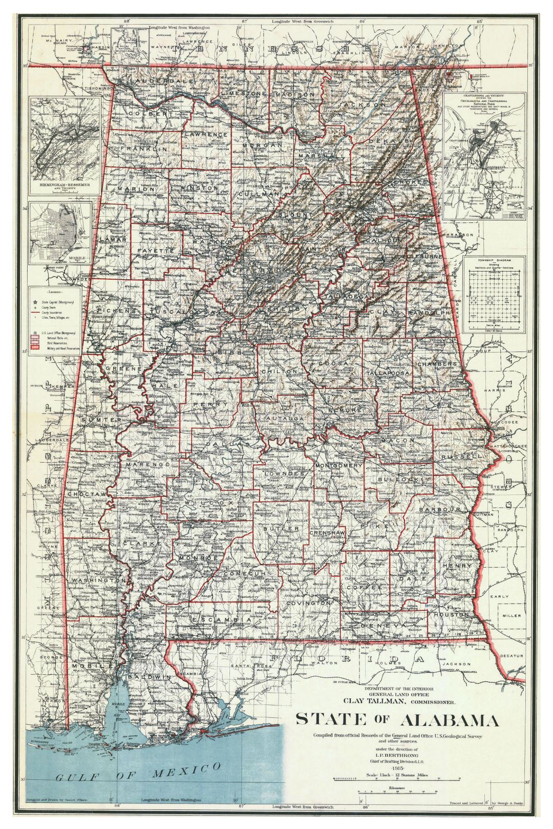 Large old administrative map of Alabama state - 1915