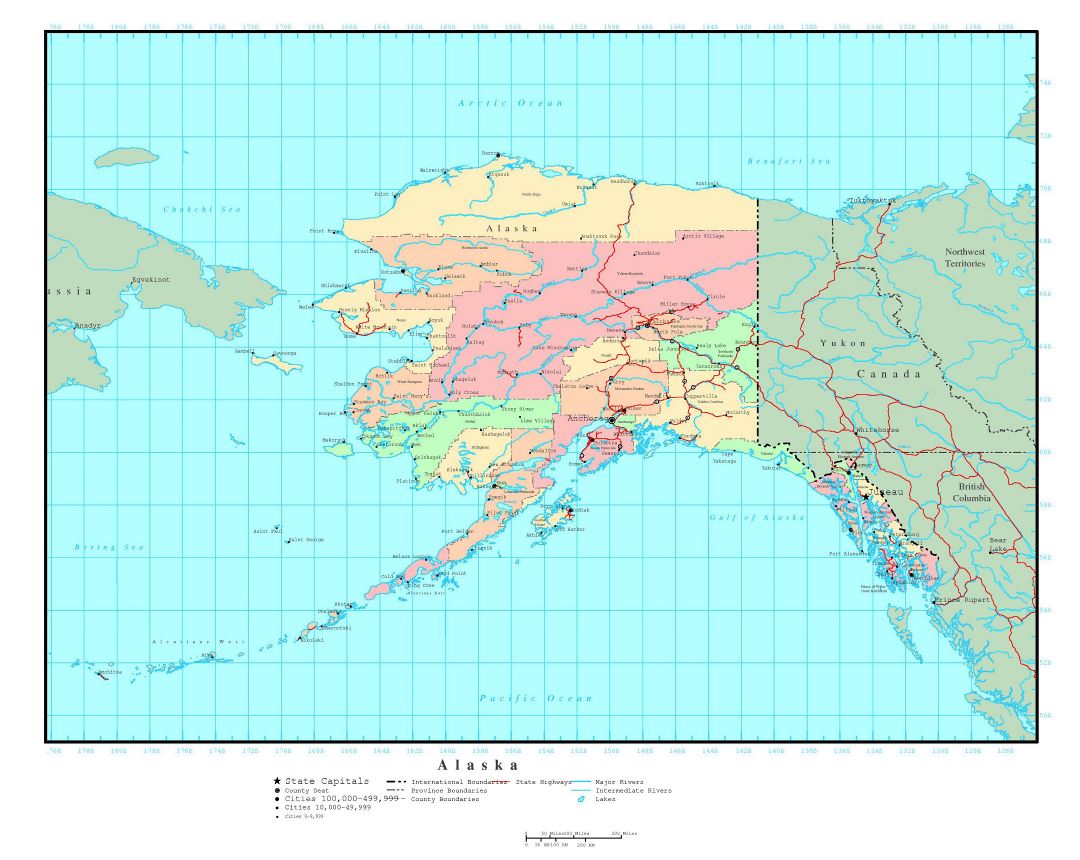 Large administrative map of Alaska state with roads and major cities