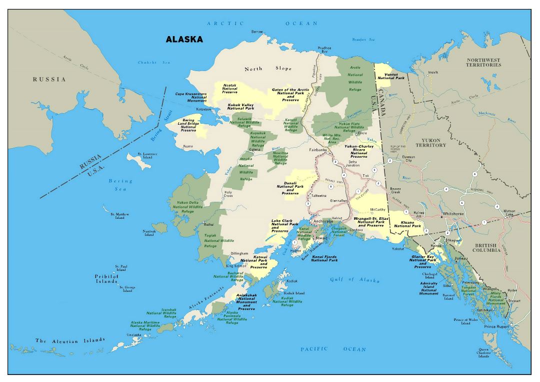 Large detailed national parks map of Alaska state
