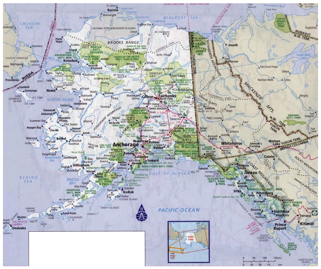 Large detailed roads and highways map of Alaska state with all cities and national parks