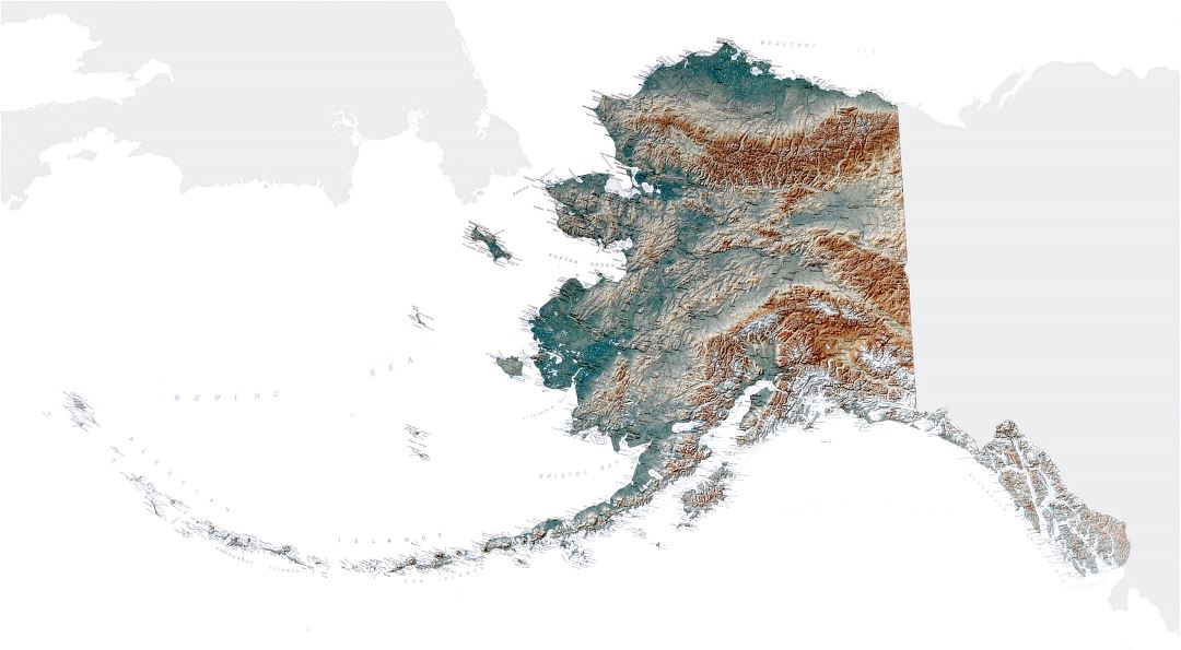 Large topographical map of Alaska state
