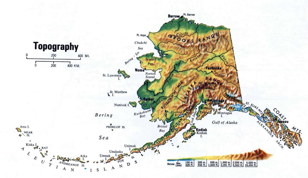 Large topography map of Alaska state