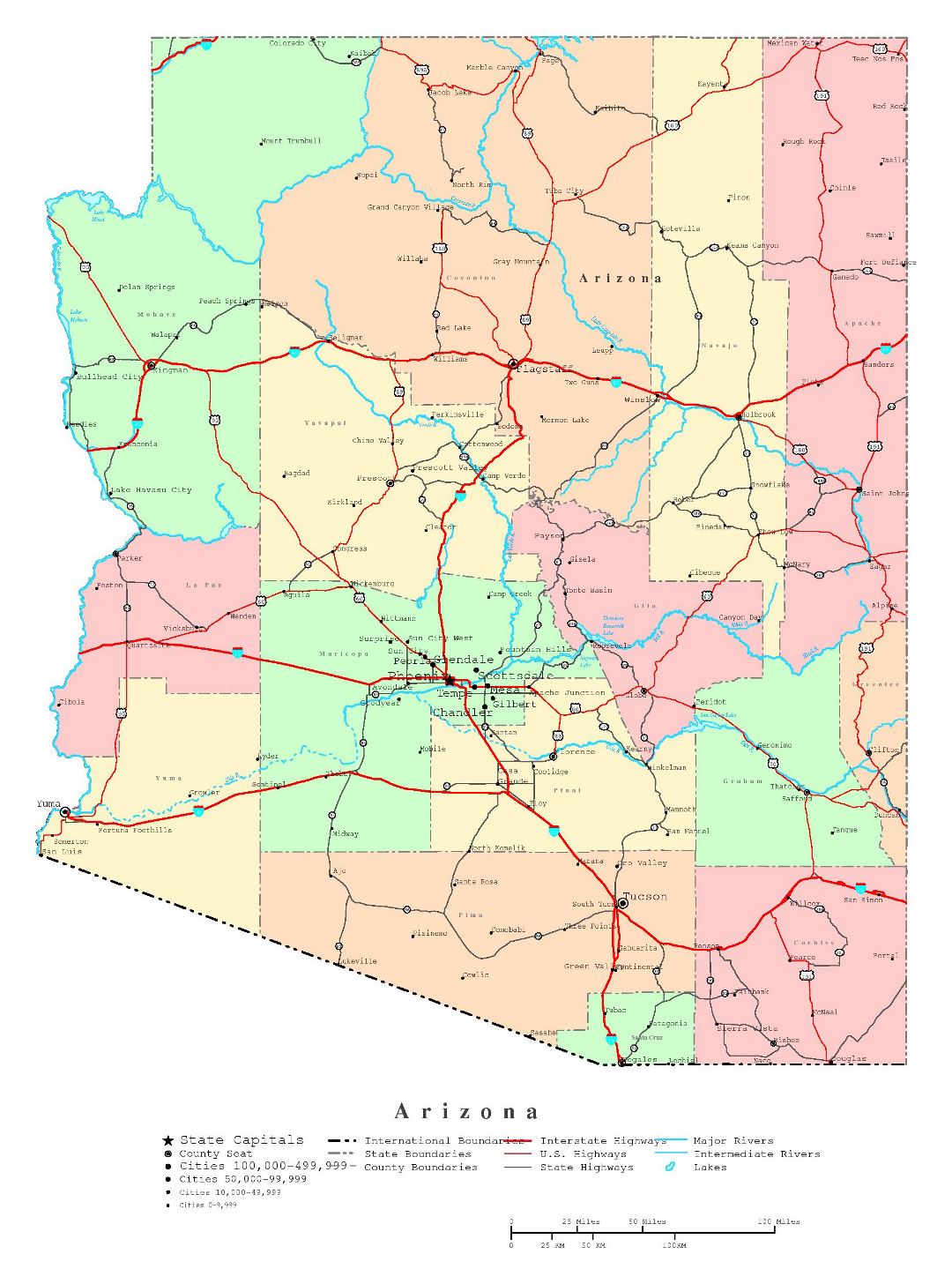 Large detailed administrative map of Arizona state with roads, highways and cities