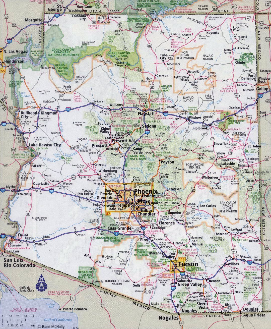 Large detailed roads and highways map of Arizona state with all cities