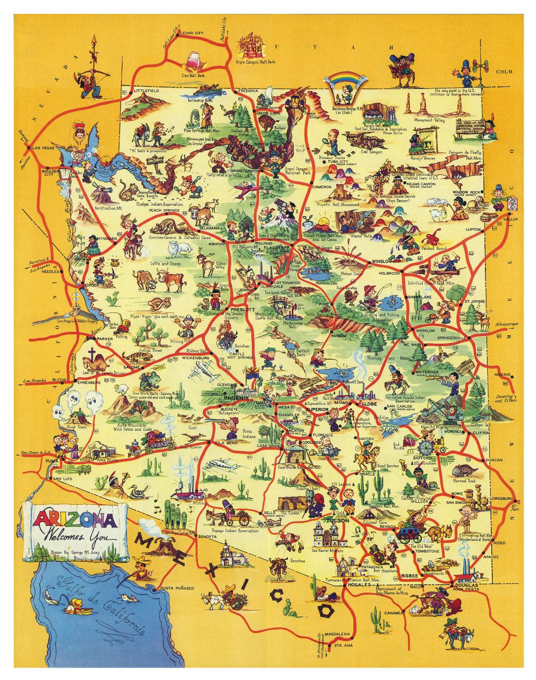 Large detailed travel illustrated map of state of Arizona