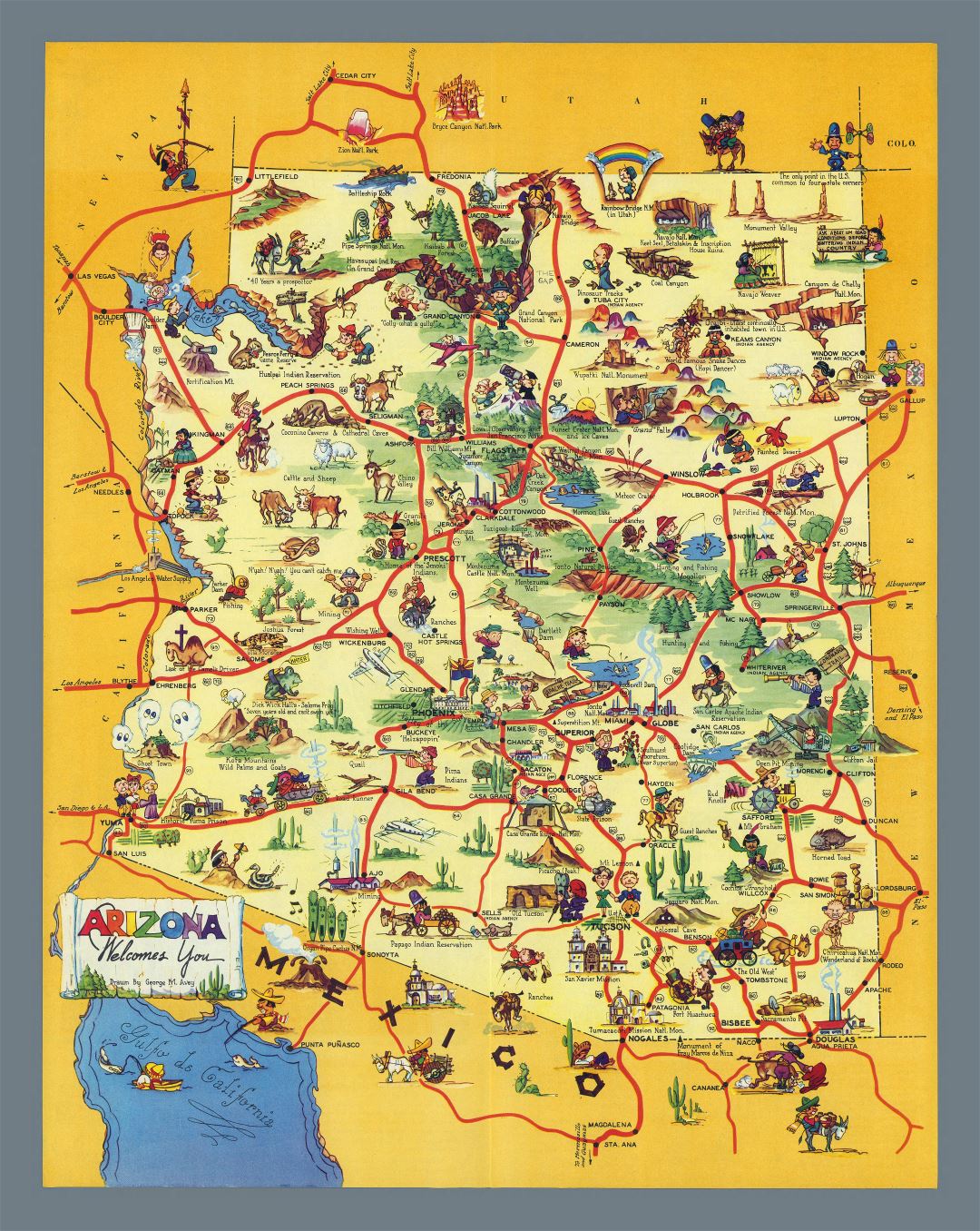 Large scale tourist illustrated map of Arizona state