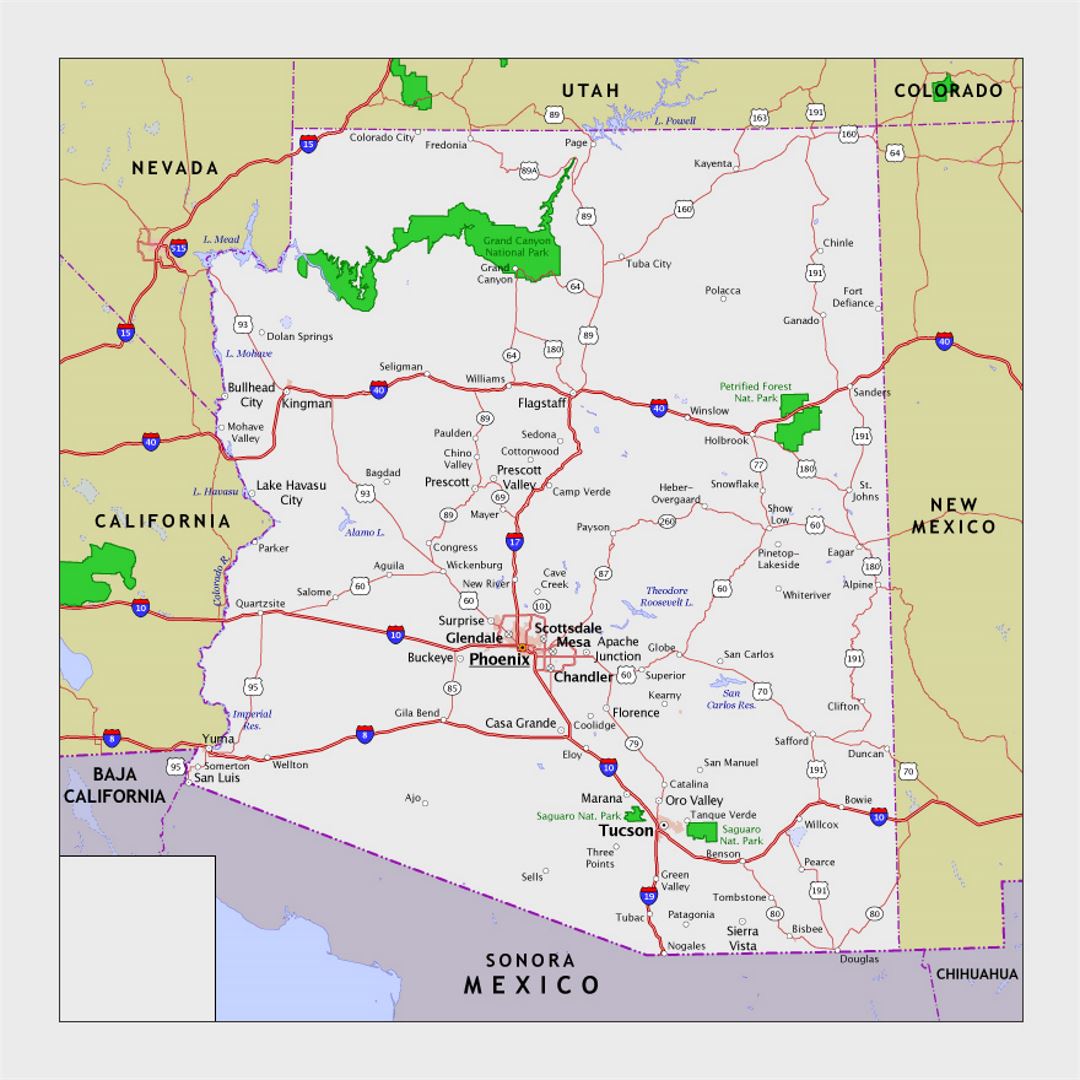 Map of Arizona state with roads, national parks and cities