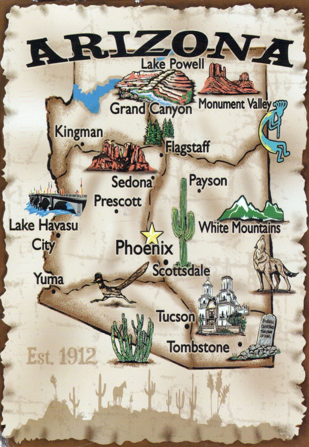 Travel illustrated map of Arizona state