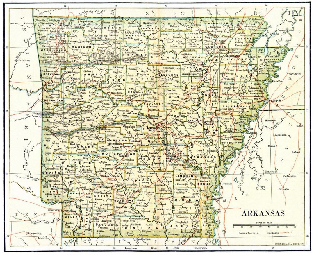 Detailed old administrative map of Arkansas state - 1892