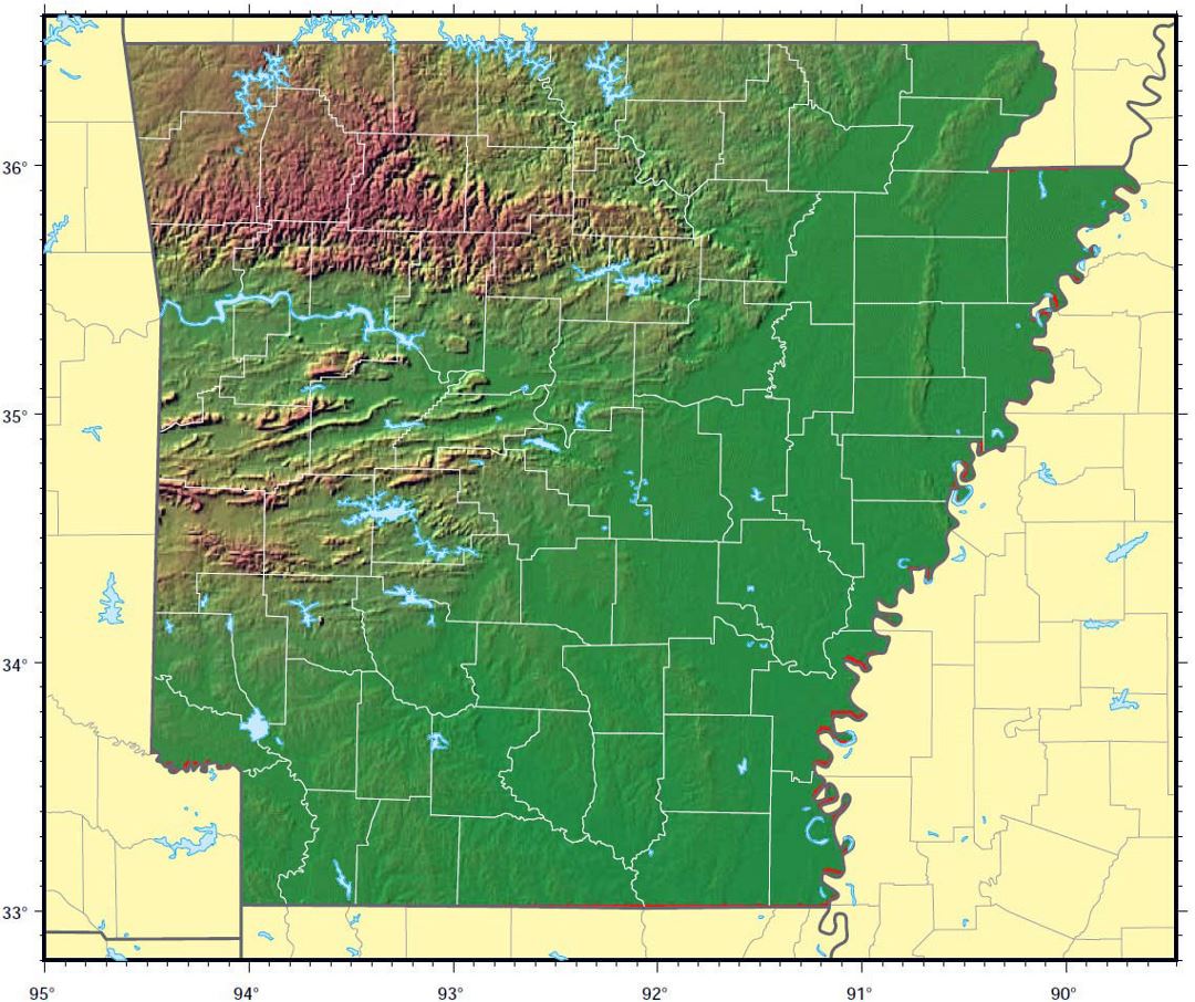Detailed relief map of Arkansas state