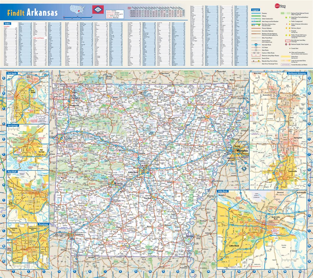Detailed roads and highways map of Arkansas state with national parks, all cities, towns and villages