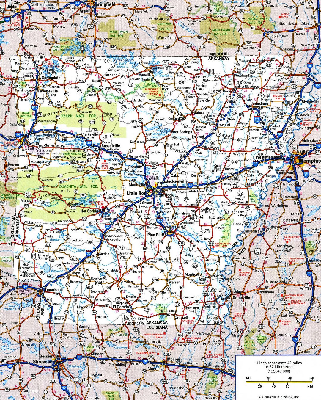 Large detailed roads and highways map of Arkansas state with all cities and national parks