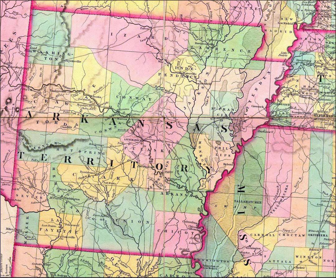 Old administrative map of Arkansas state - 1832