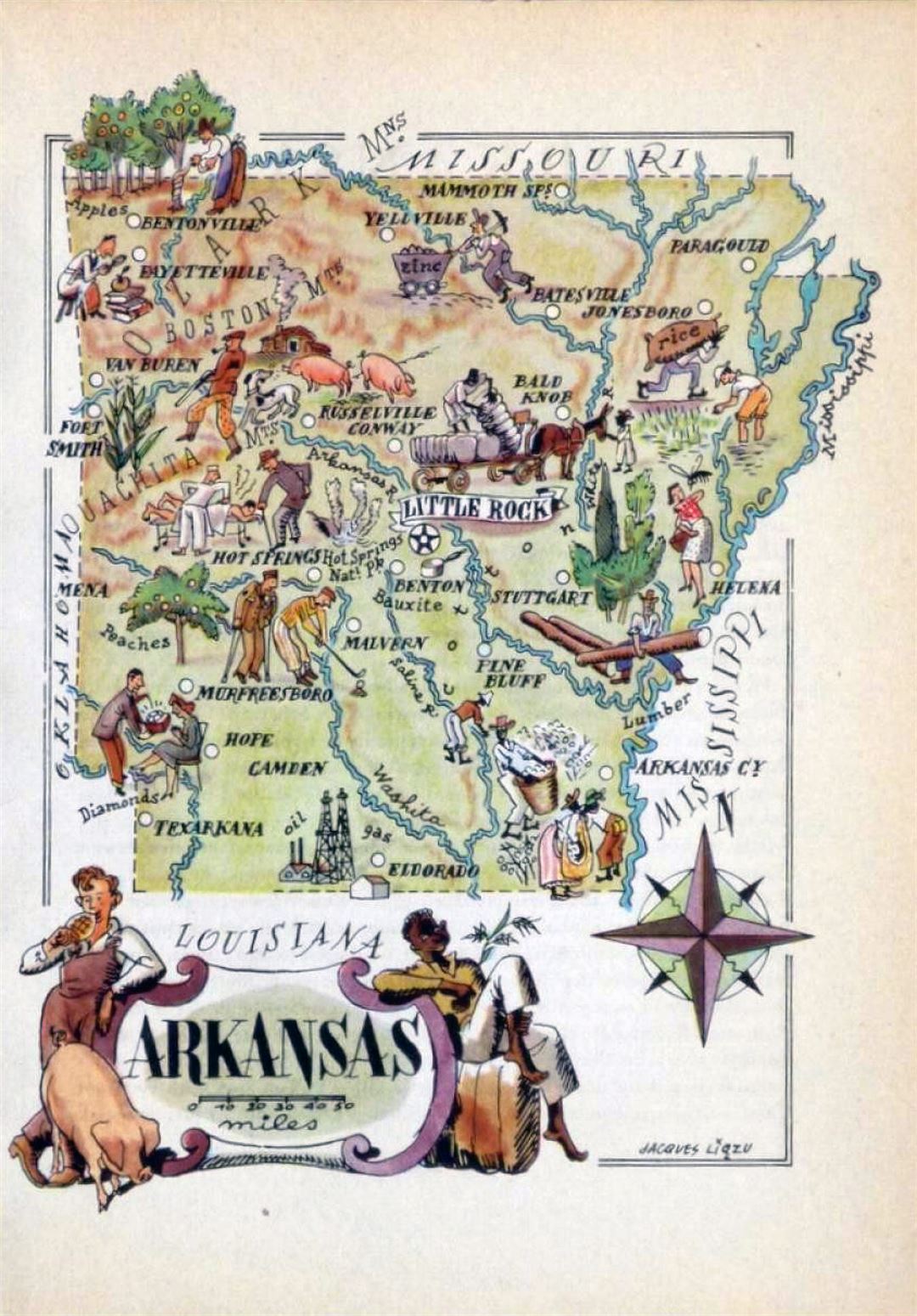 Old illustrated travel map of Arkansas state - 1946