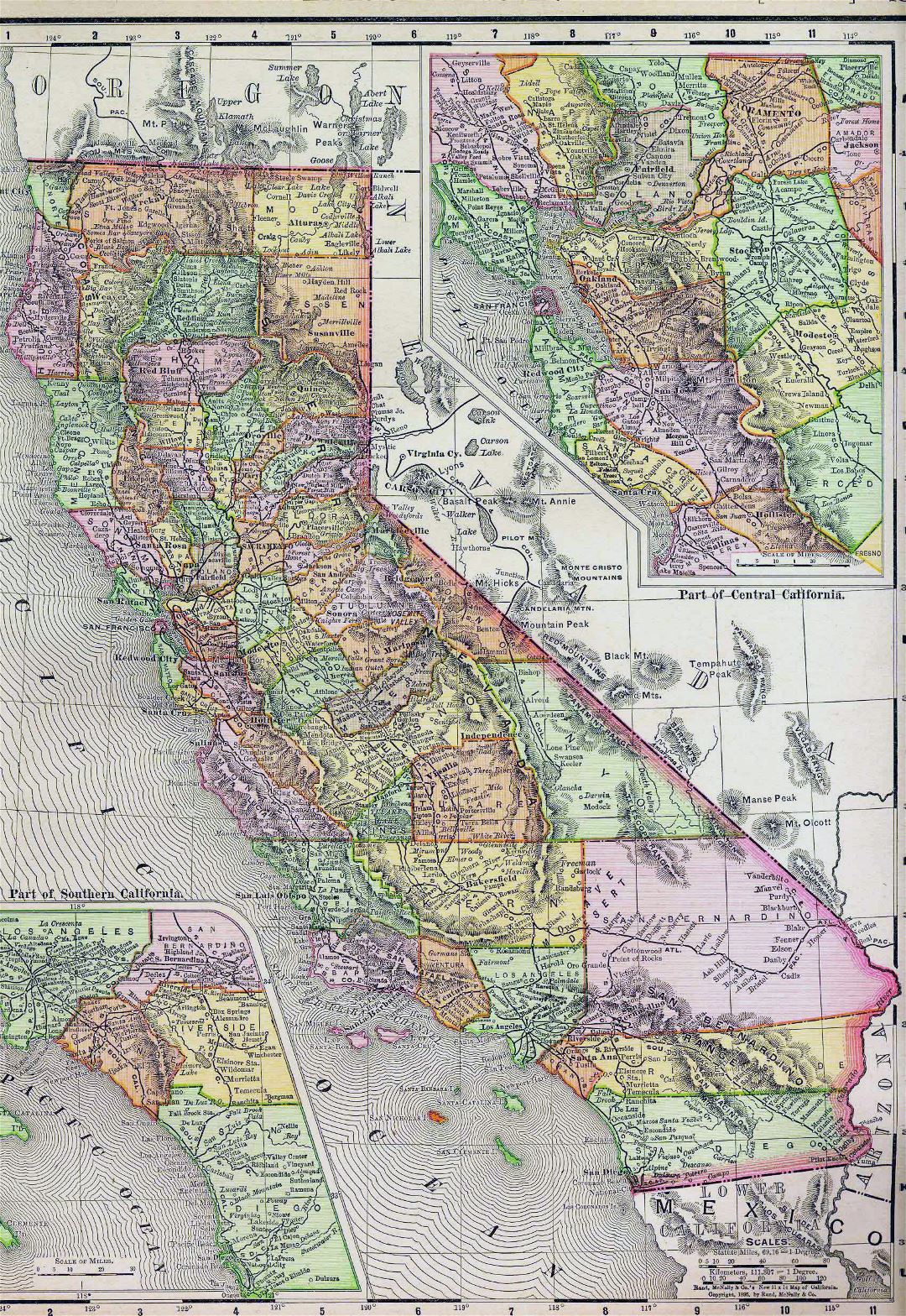 Detaled old administrative map of California state - 1895