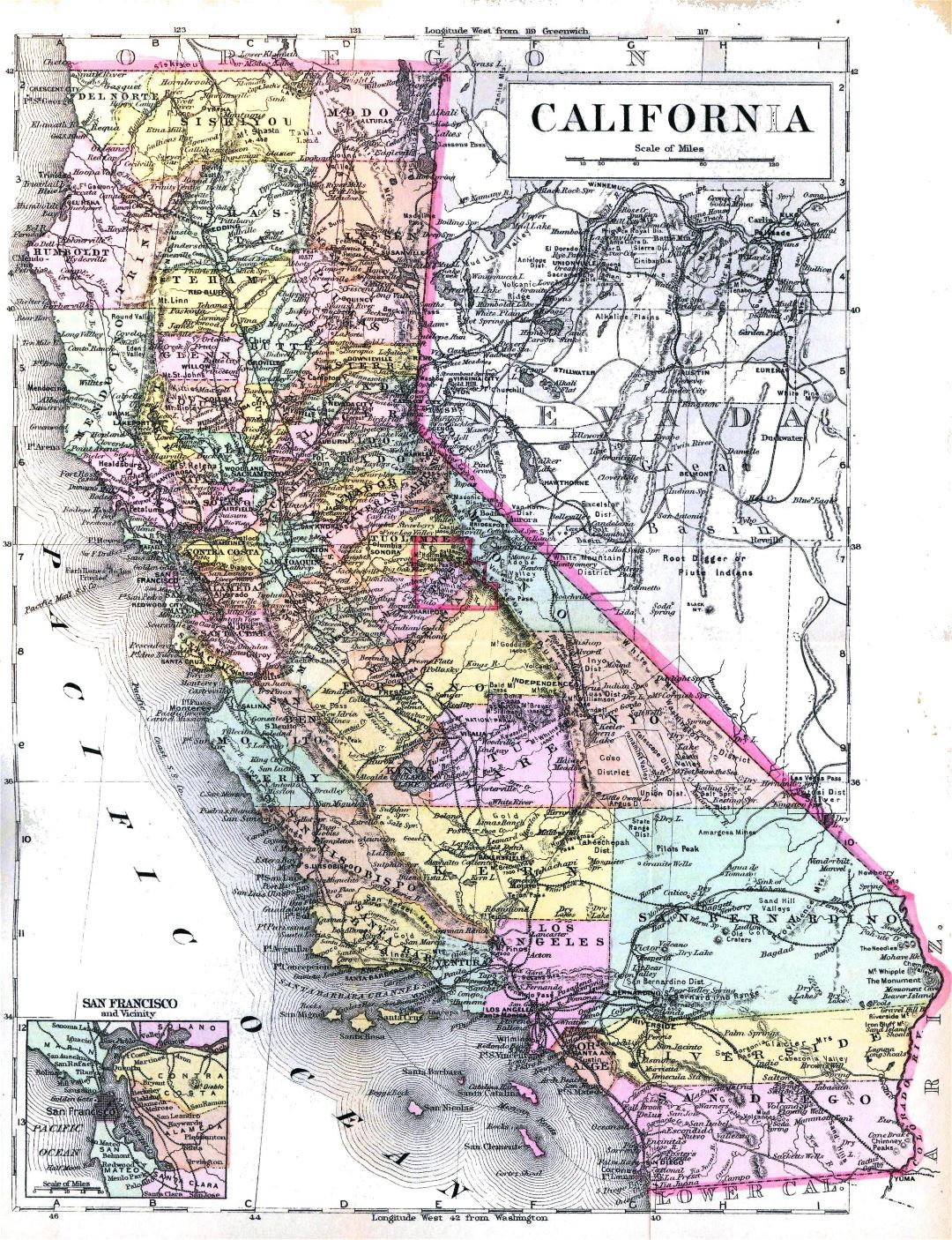 Large detaled old administrative map of California state - 1896