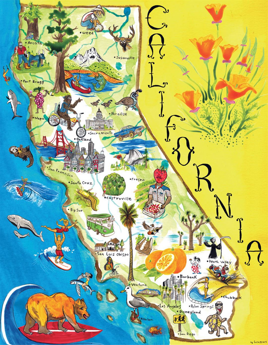 Tourist illustrated map of California state