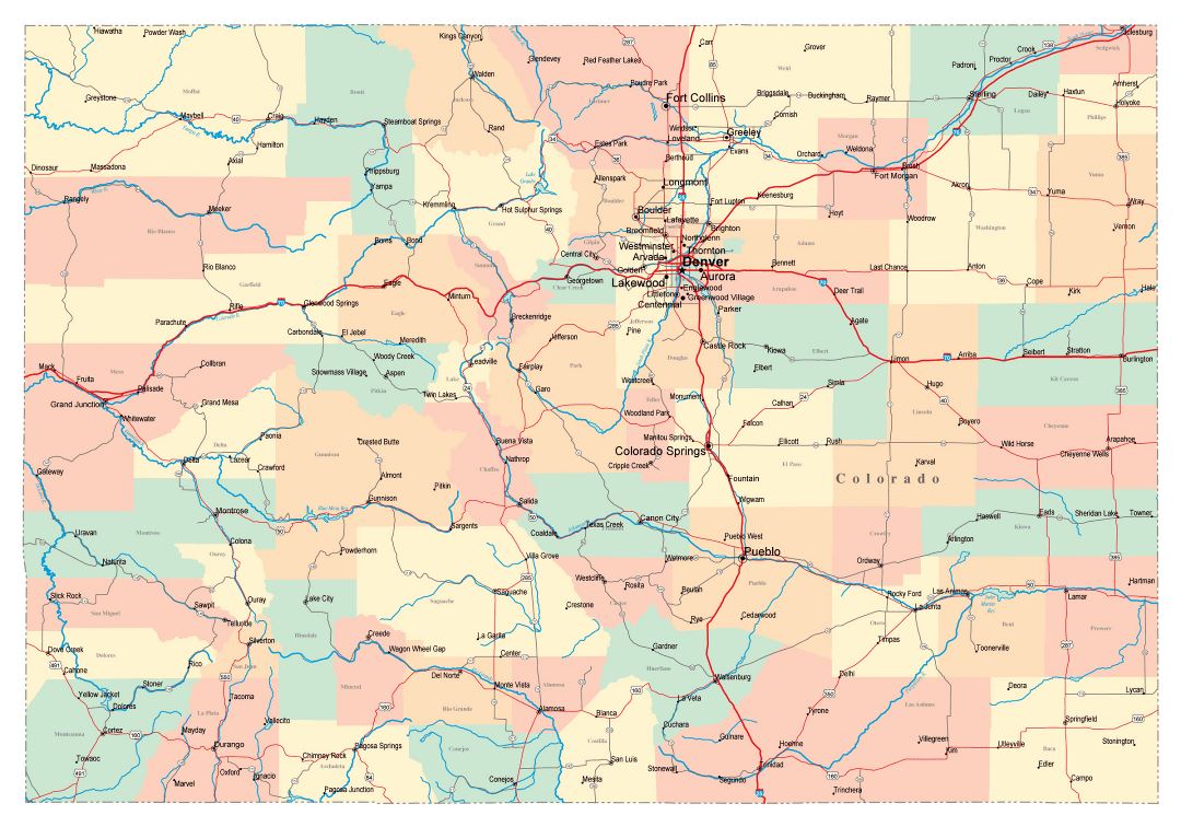 Large administrative map of Colorado state with roads, highways and cities