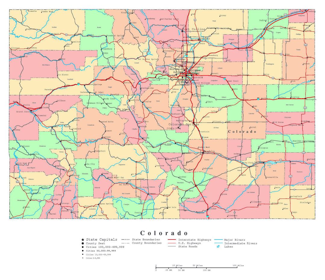 Large detailed administrative map of Colorado state with roads, highways and major cities