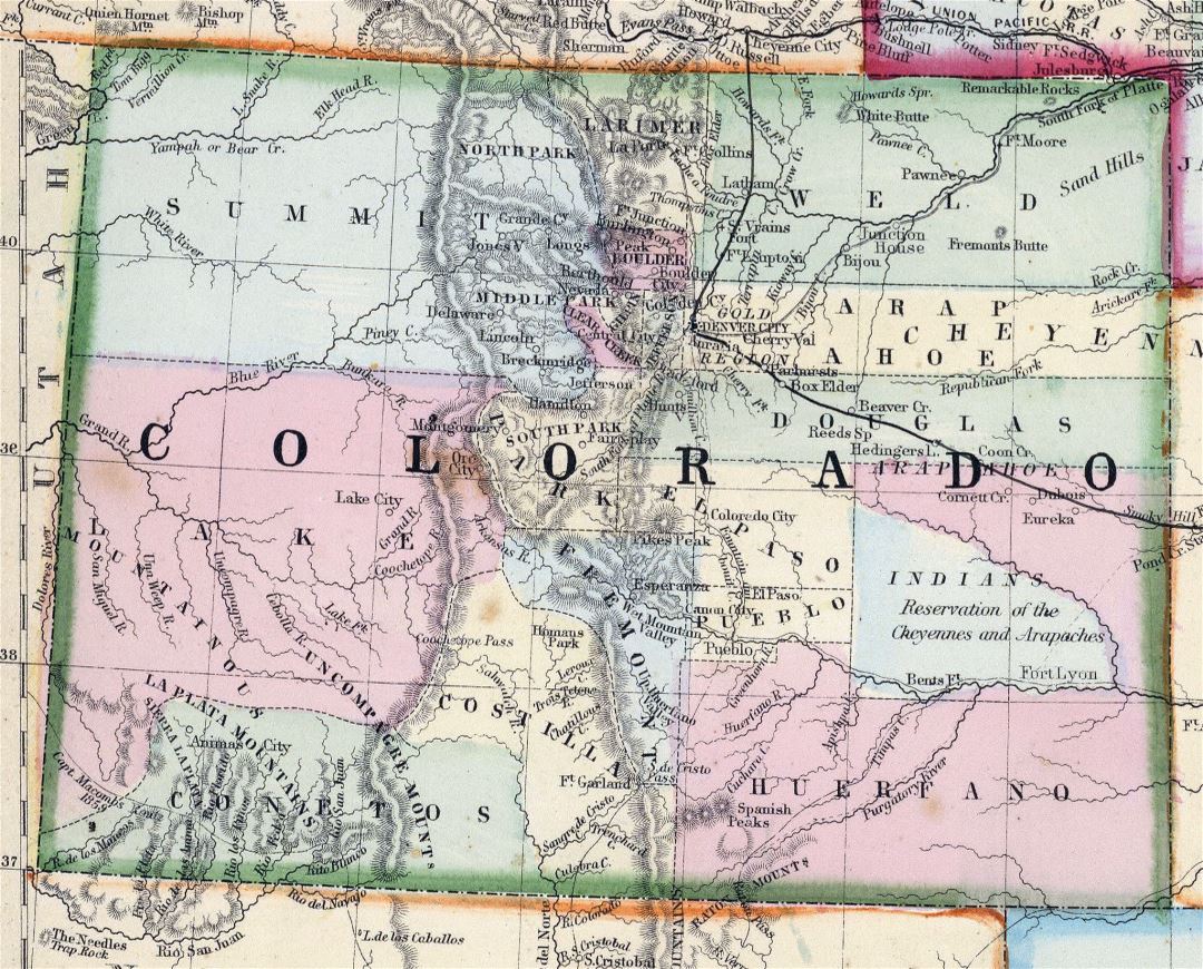 Large detailed old map of Colorado state - 1870