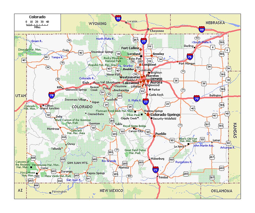 Large roads and highways map of Colorado state