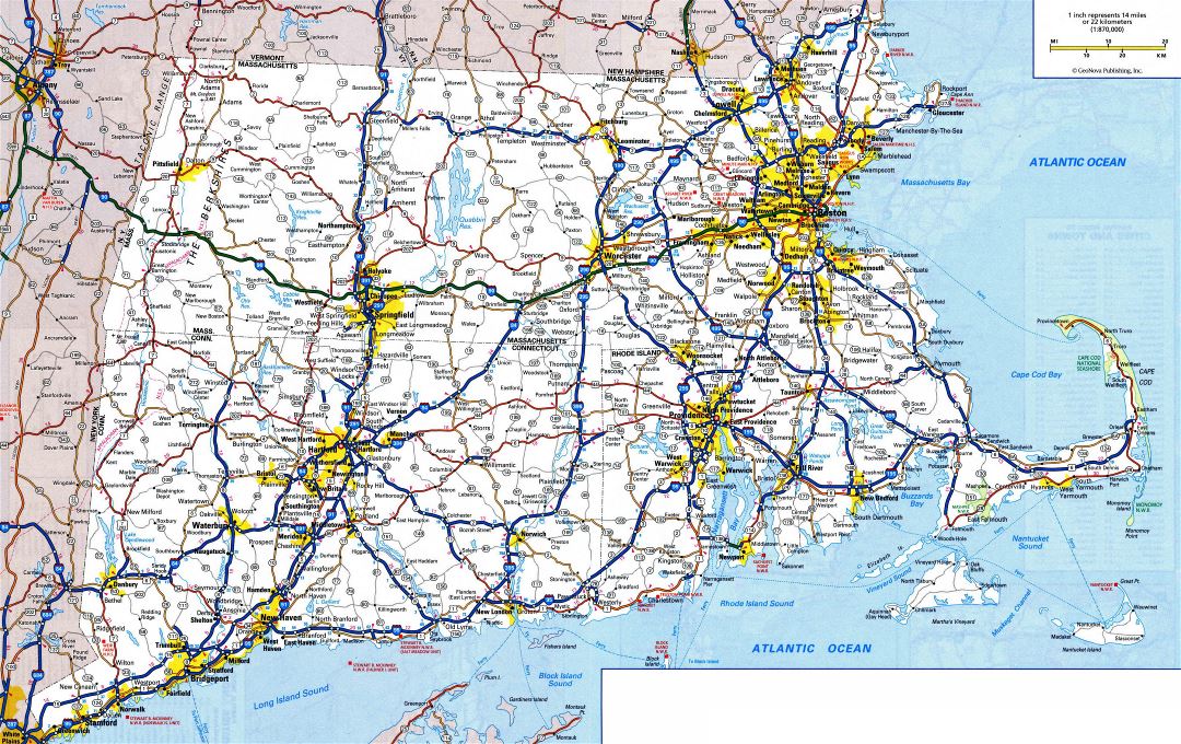 Large detailed roads and highways map of Connecticut, Massachusetts and Rhode Island states with all cities