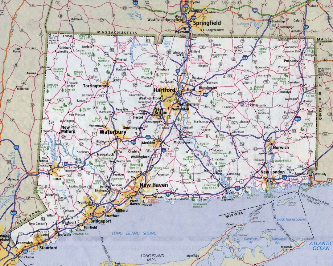 Large detailed roads and highways map of Connecticut state with all cities