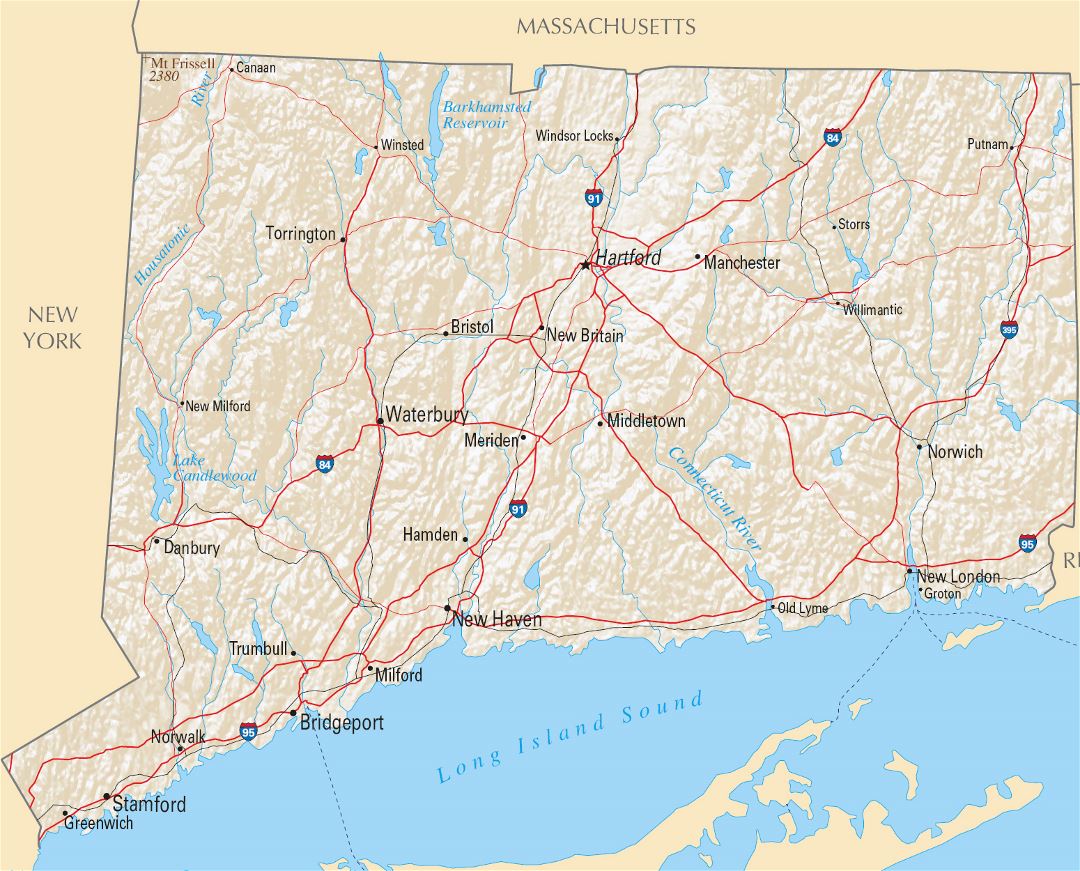Large highways map of Connecticut state with relief