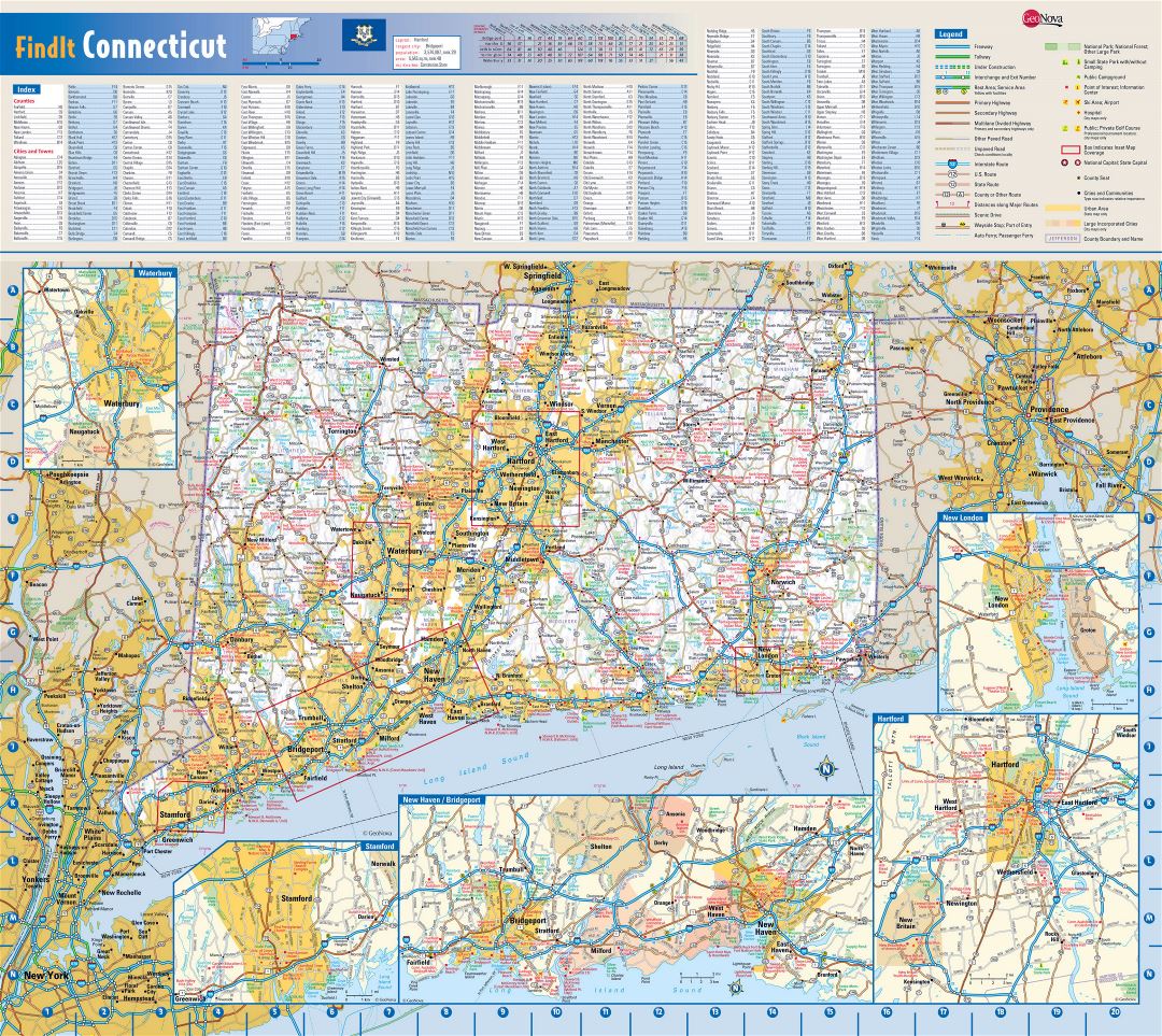 Large roads and highways map of Connecticut state with national parks, all cities, towns and villages