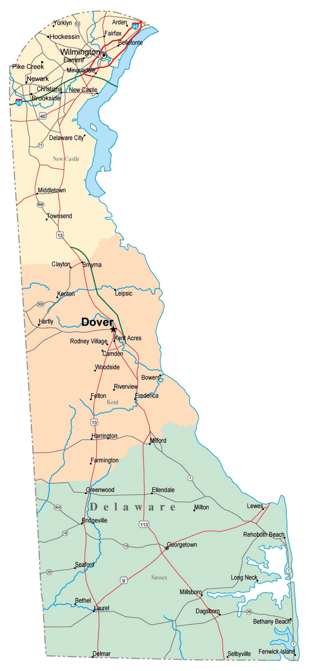 Large administrative map of Delaware state with roads, highways and cities