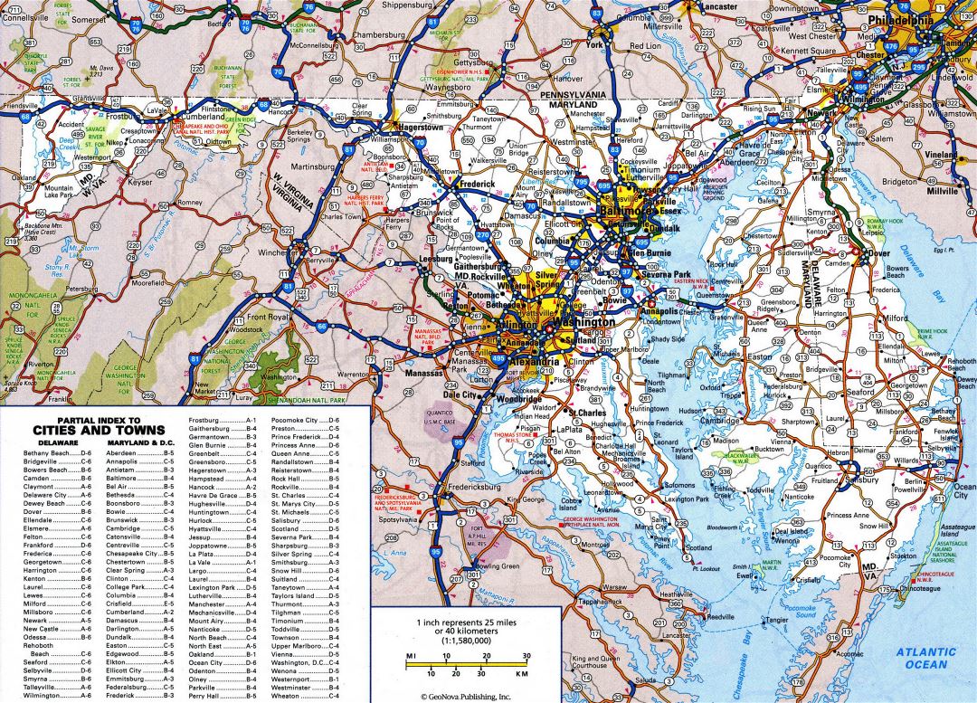 Large detailed roads and highways map of Delaware and Maryland states with all cities