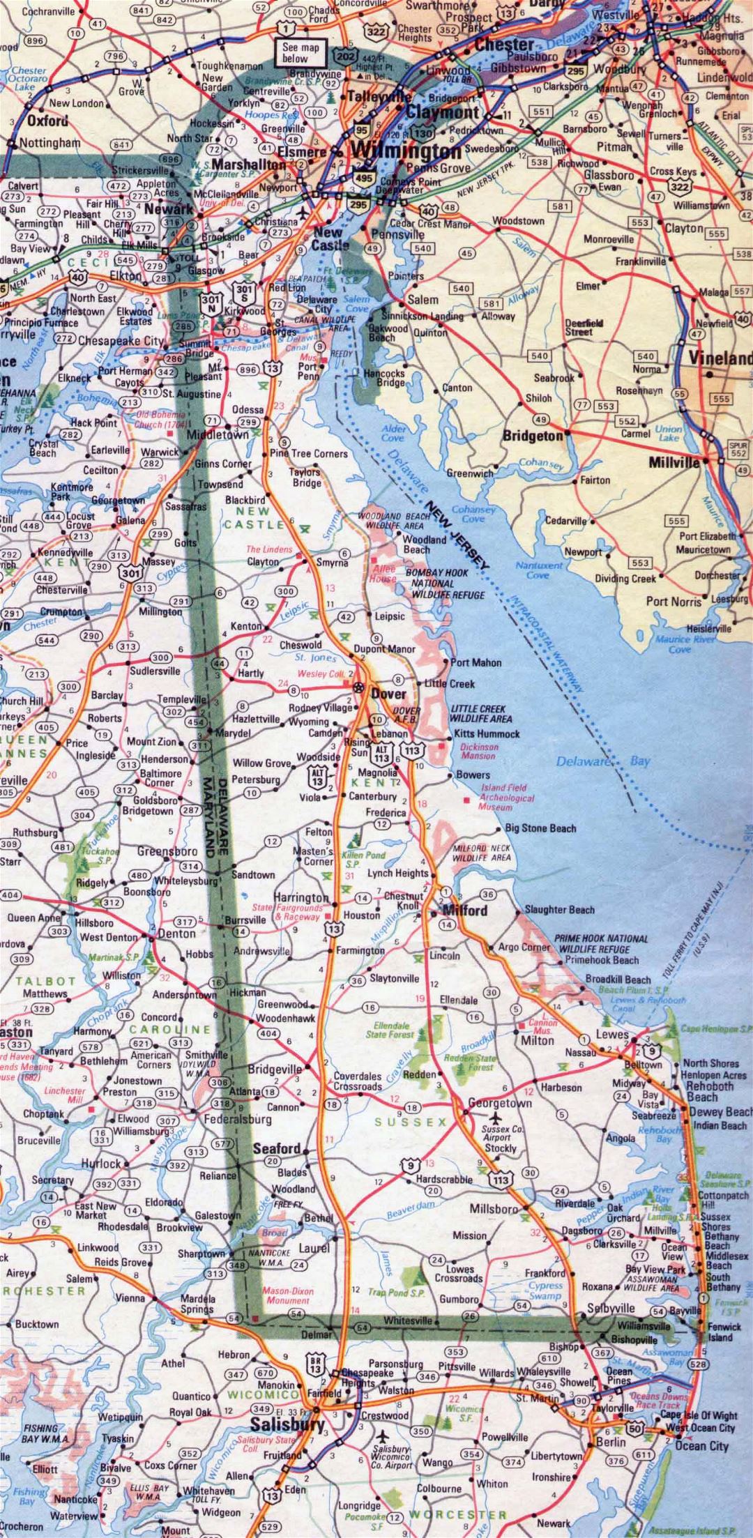 Large roads and highways map of Delaware state - 1983