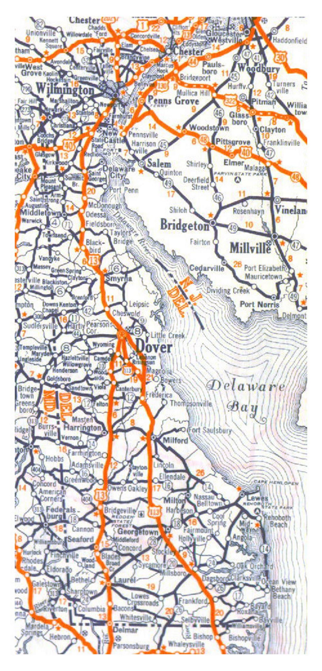 Roads and highways map of Delaware state - 1938