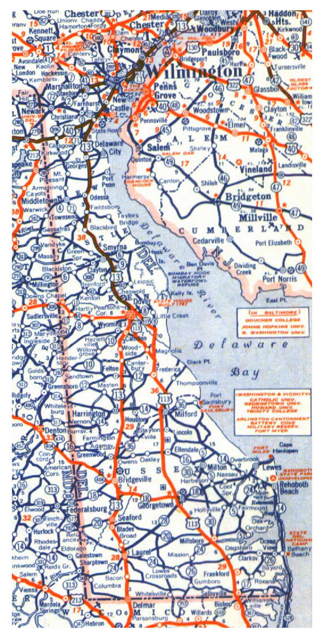 Roads and highways map of Delaware state - 1944