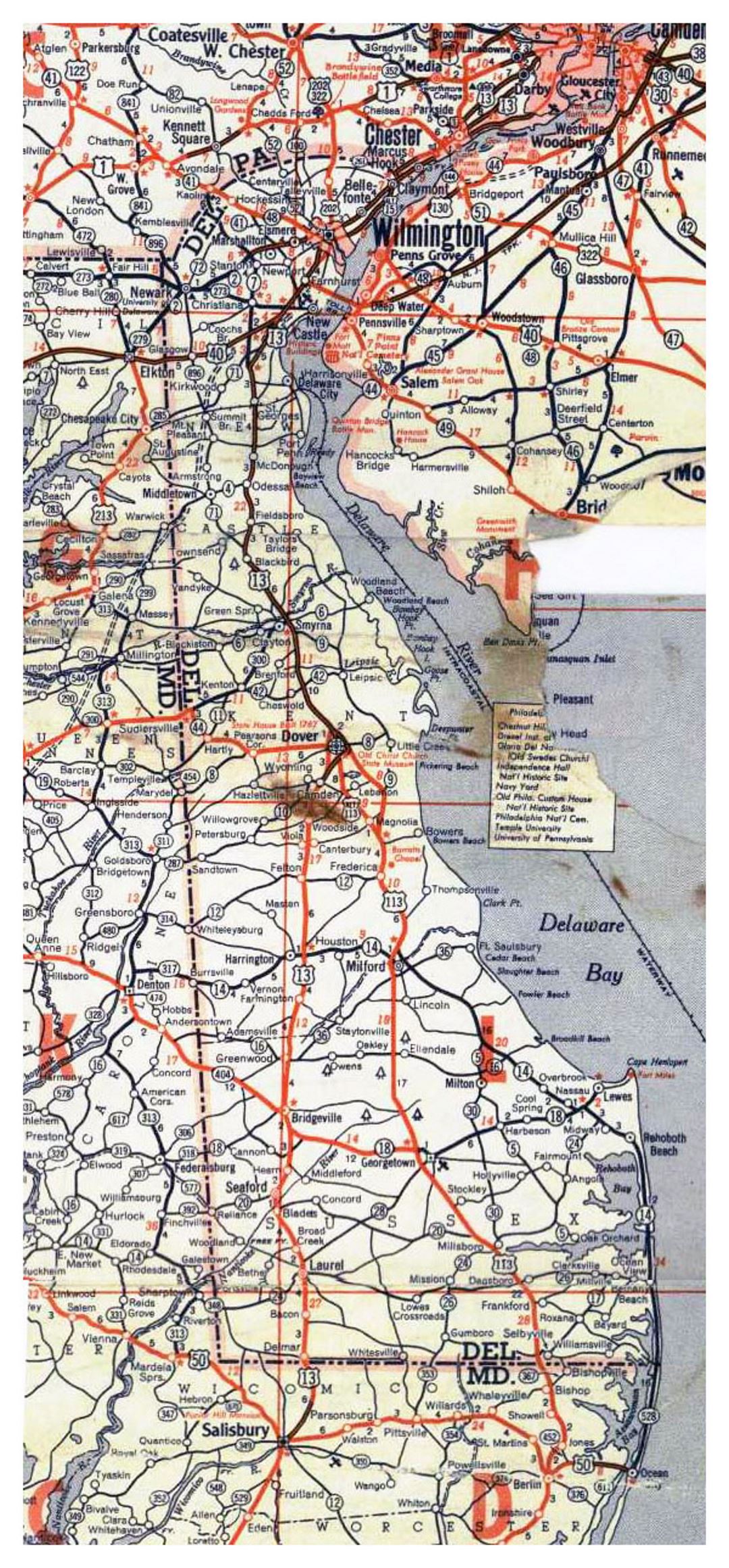 Roads and highways map of Delaware state - 1951