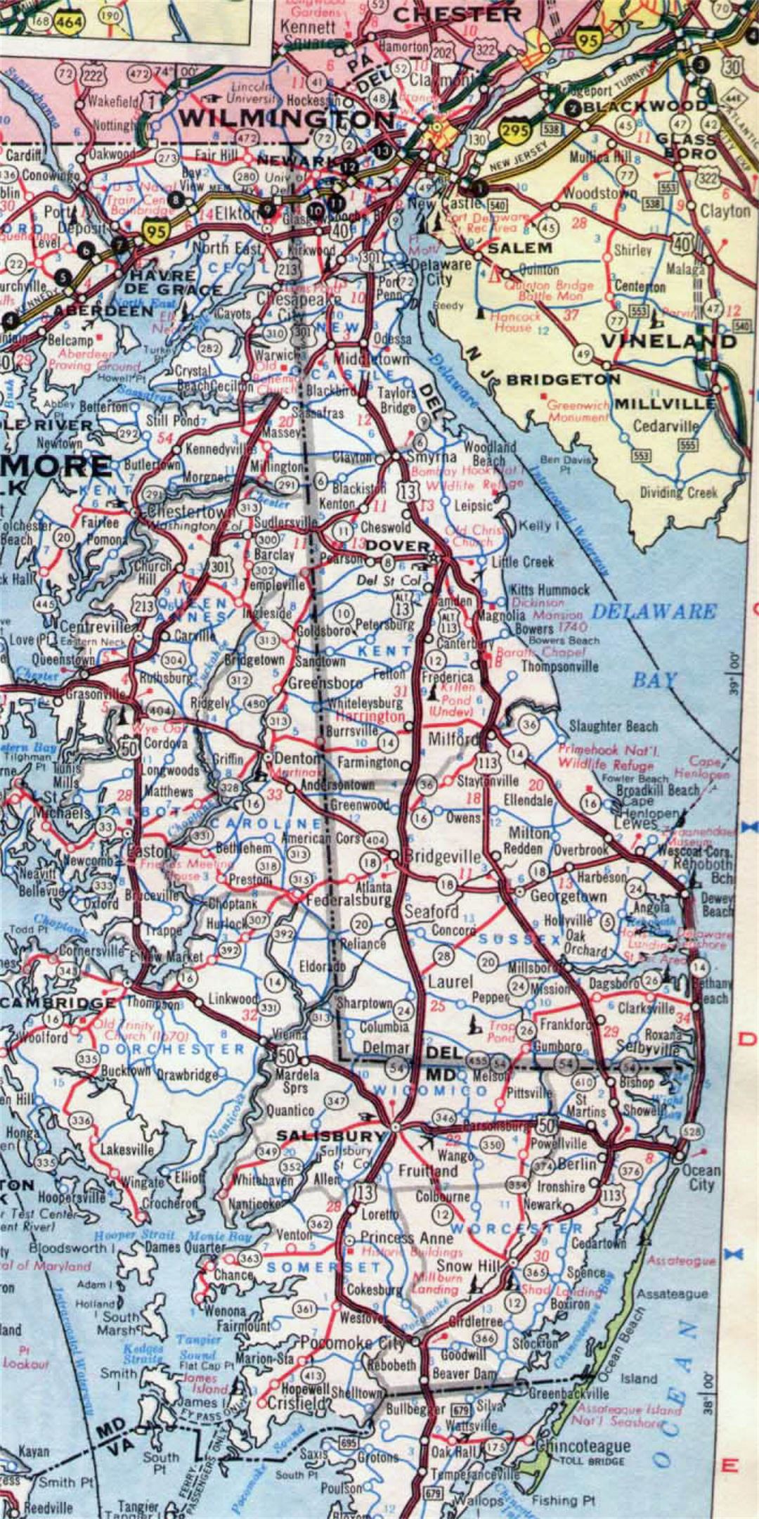 Roads and highways map of Delaware state - 1968