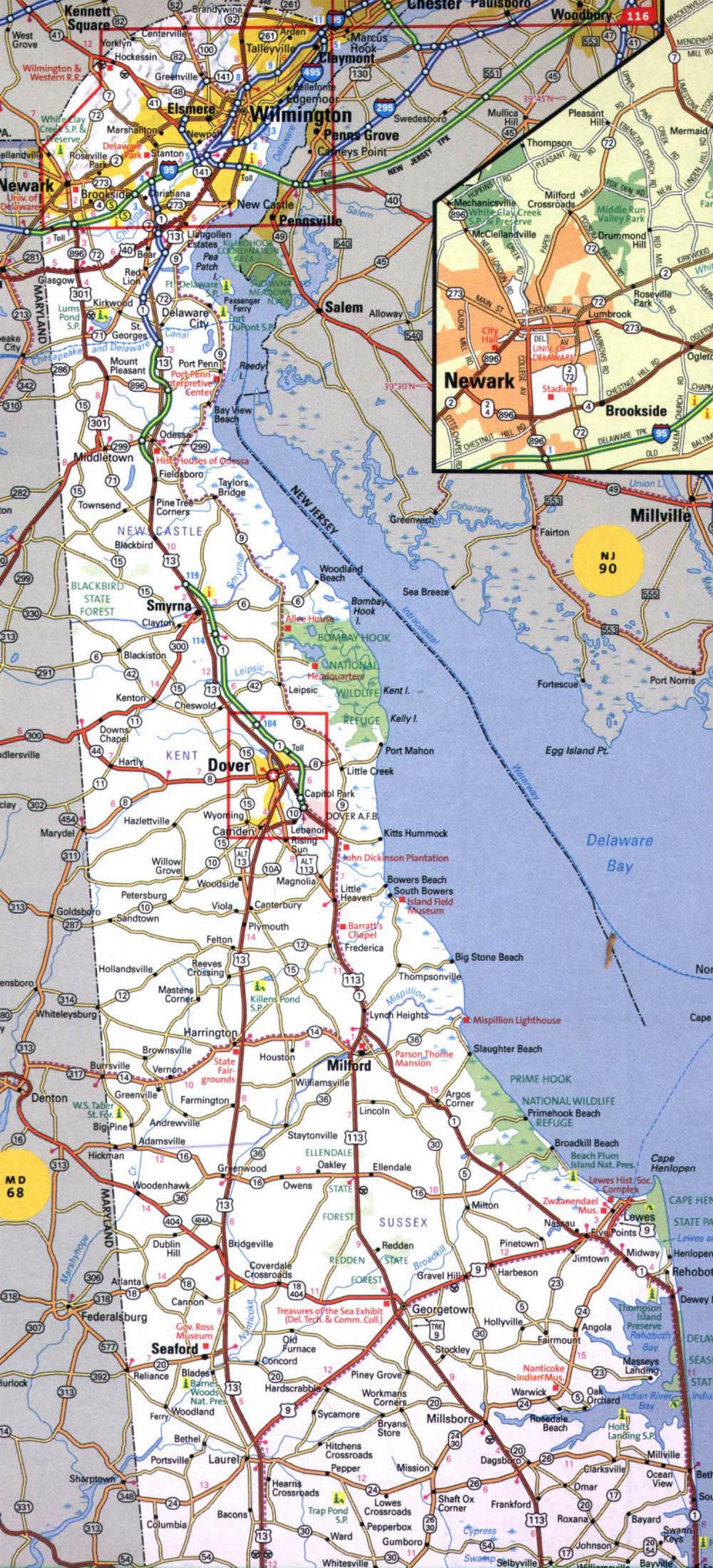 Roads and highways map of Delaware state - 2000