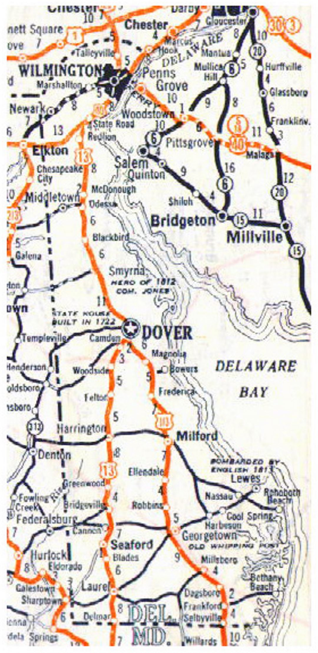 Small roads and highways map of Delaware state - 1928