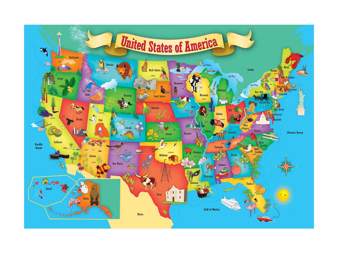 Detailed kids illustrated map of the USA