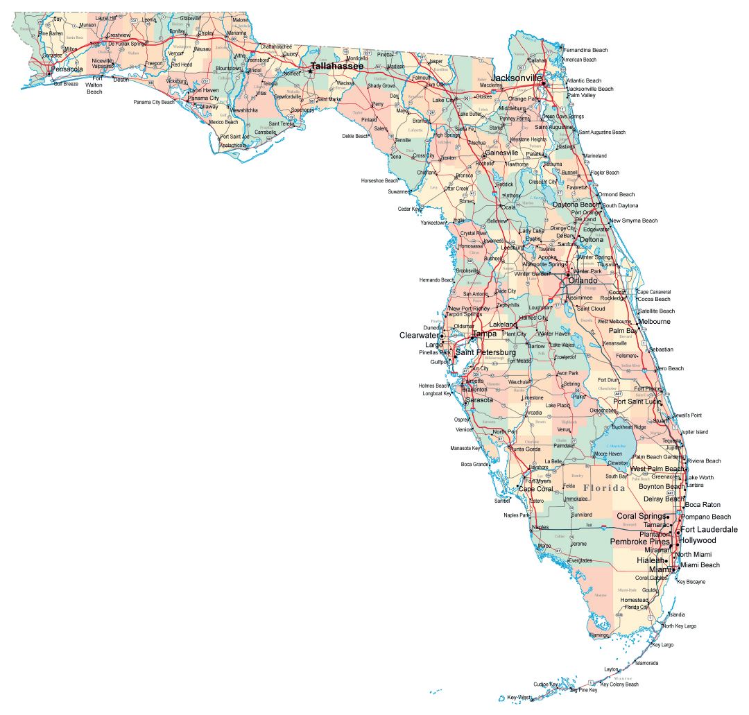 Large administrative map of Florida state with roads, highways and cities