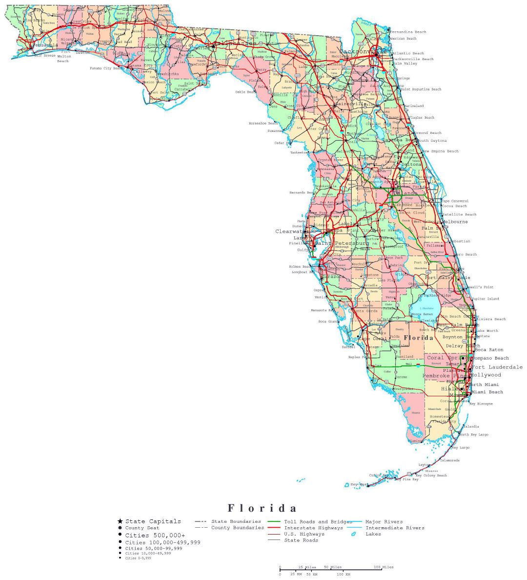 Large detailed administrative map of Florida state with roads, highways and cities
