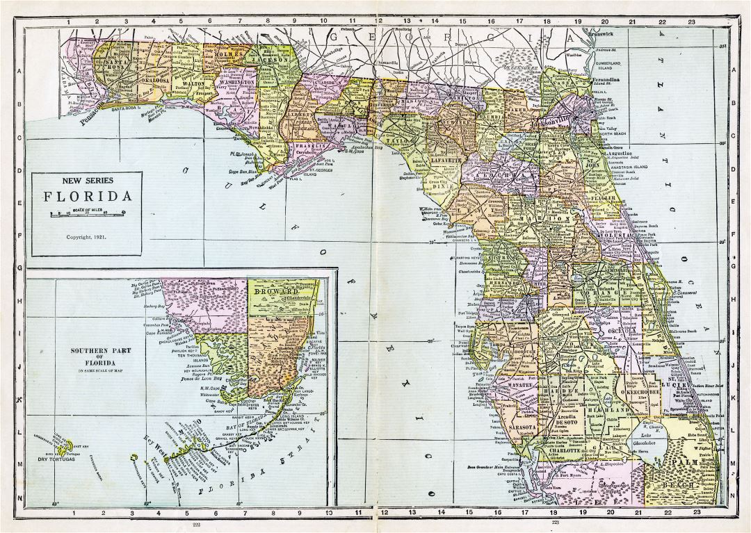 Large detailed old administrative map of Florida with roads and all cities - 1921