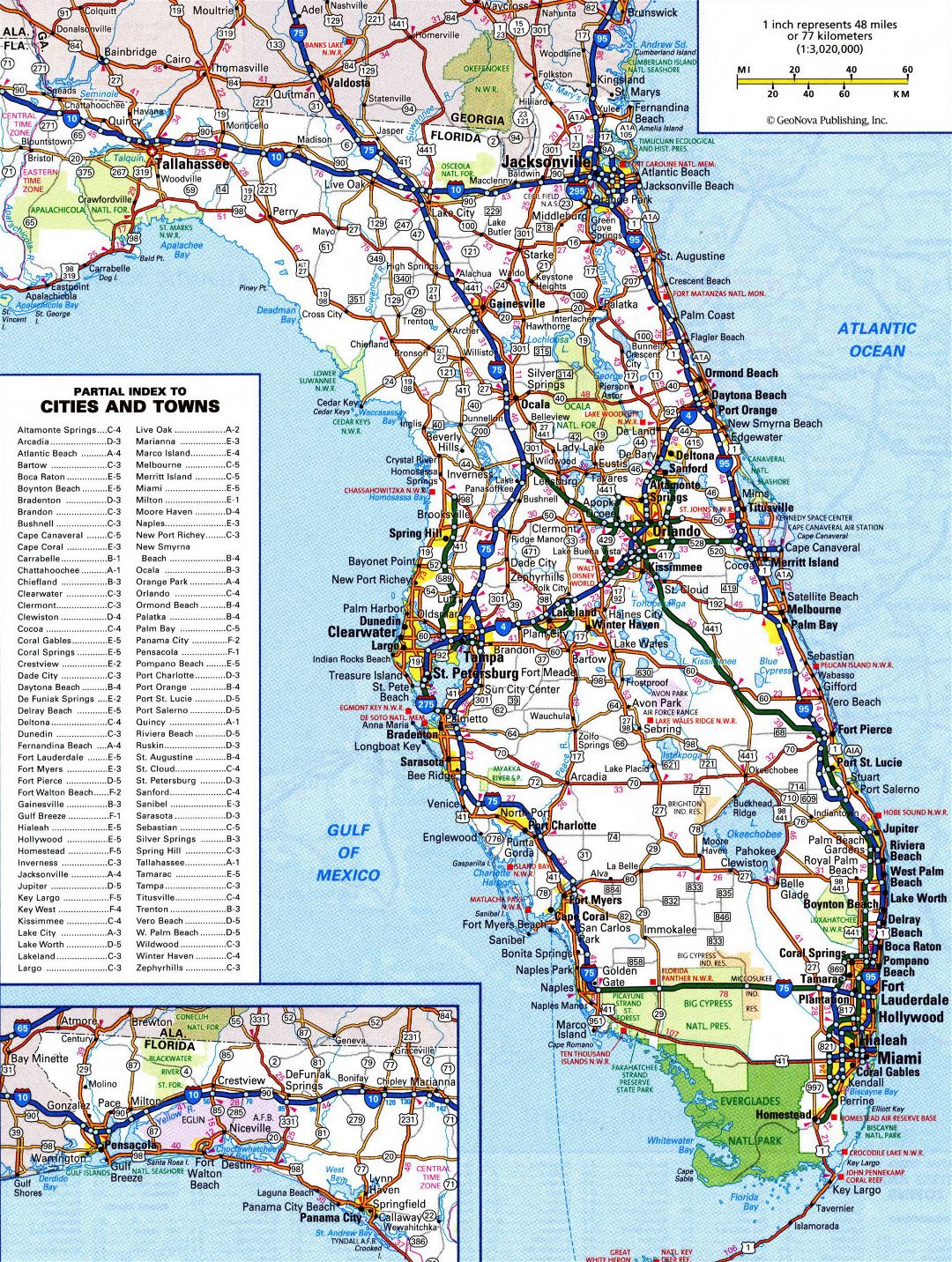 Large detailed roads and highways map of Florida state with all cities and national parks