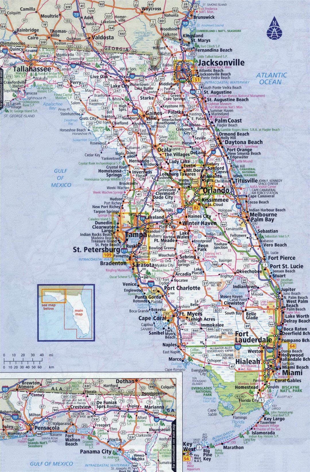 Large detailed roads and highways map of Florida state with all cities